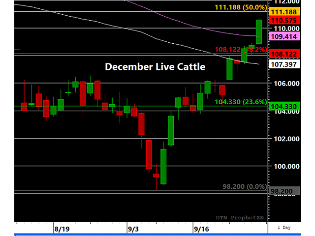 December live cattle have rallied through the 38.2% retracement of the April through September sell-off with the 50% retracement in sight. In addition, price has also pushed through both the 50- and 100-day moving averages in recent days. (DTN ProphetX chart)